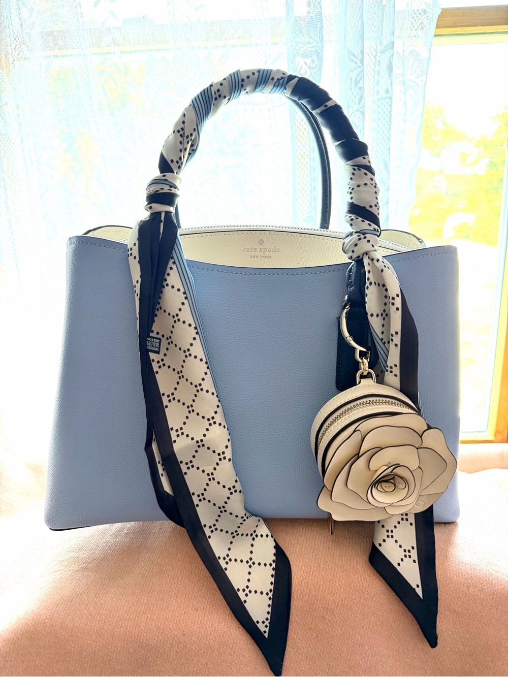 kate spade Pale Blue Leather Satchel with Floral Charm